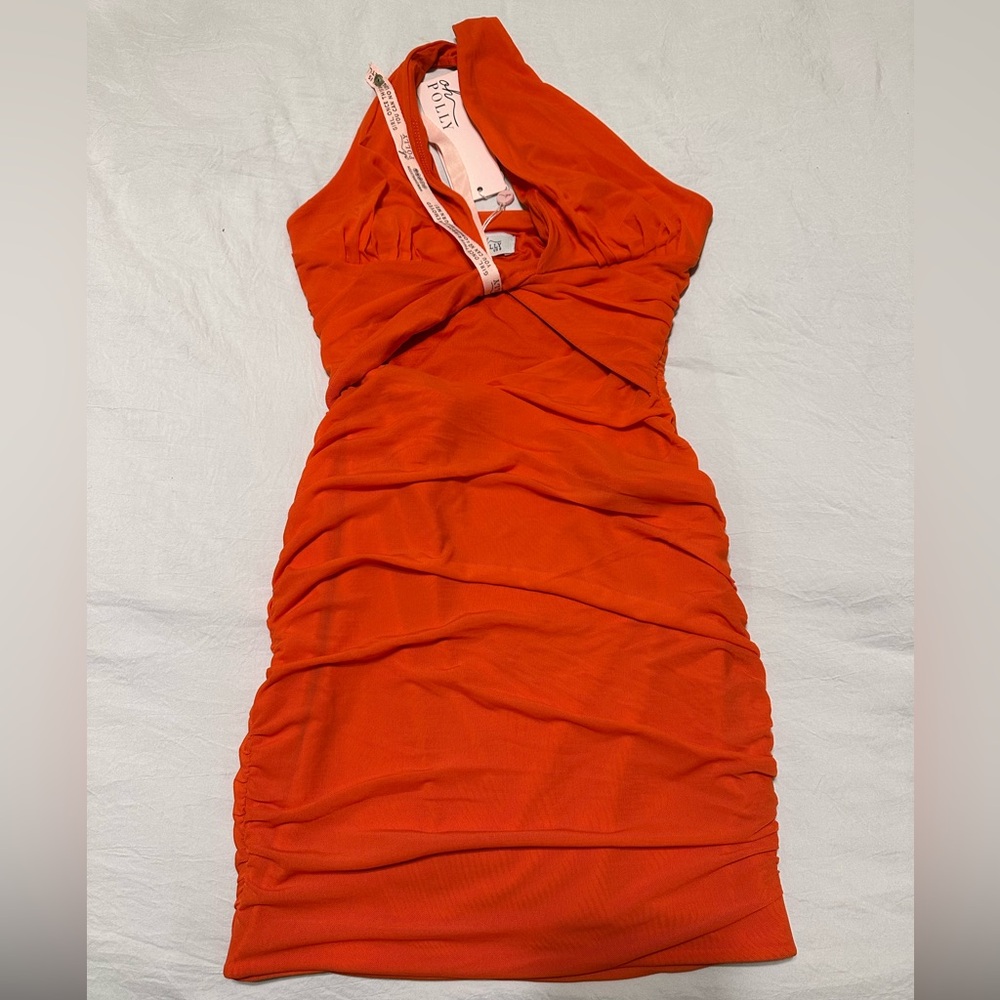 Oh Polly - Red Orange One Shoulder Cut Out Mini Dress
